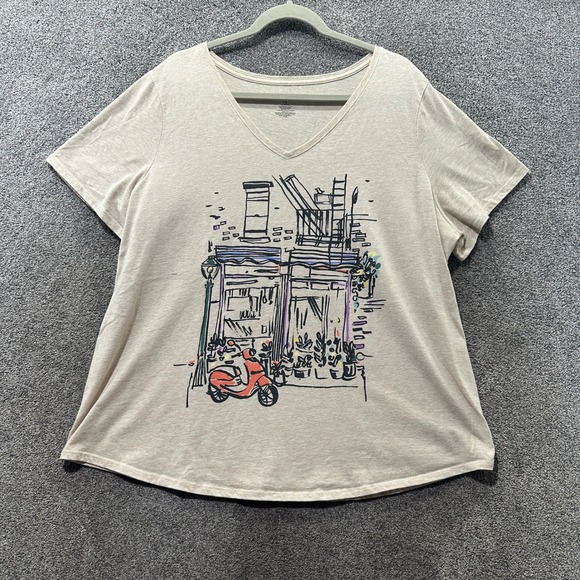 EVRI Women's 1X T-Shirt Beige Scooter Graphic Short Sleeve Casual Top - Picture 1 of 7